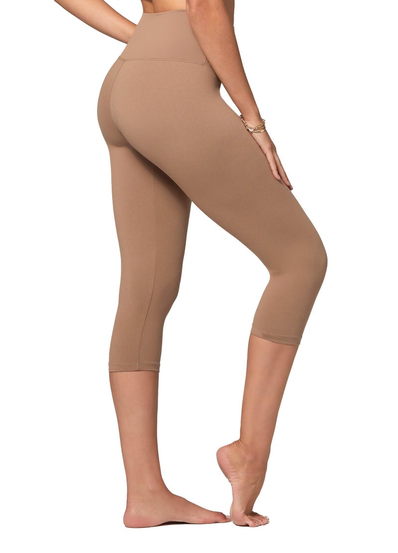 Conceited Capri Leggings for Women - Soft - High Waist Tummy Control - Essential - Regular and Plus Size - Mocha - Small - Medium - Image 1